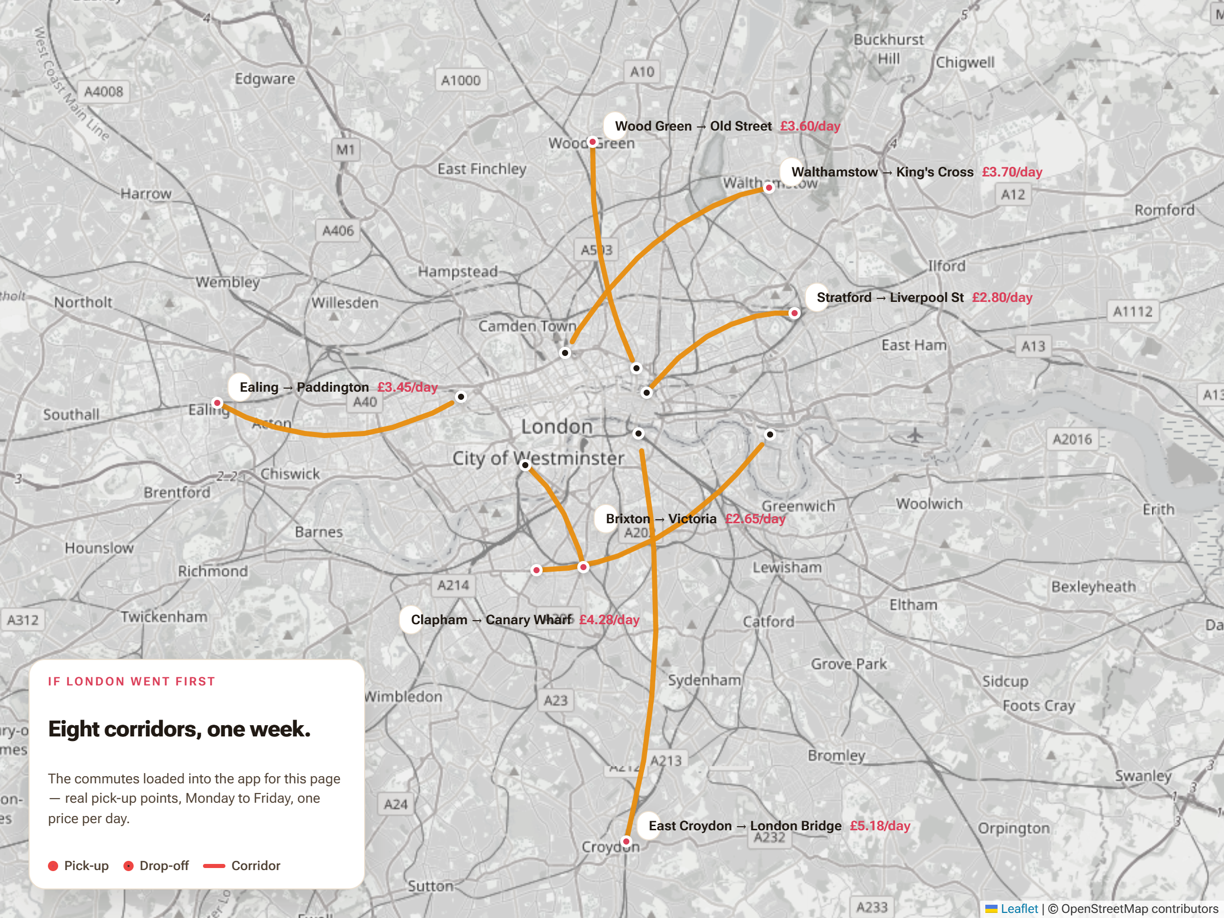 Map of London with eight commuter corridors drawn on it: Clapham to Canary Wharf, Brixton to Victoria, East Croydon to London Bridge, Ealing to Paddington, Stratford to Liverpool Street, Walthamstow to King's Cross, Wood Green to Old Street