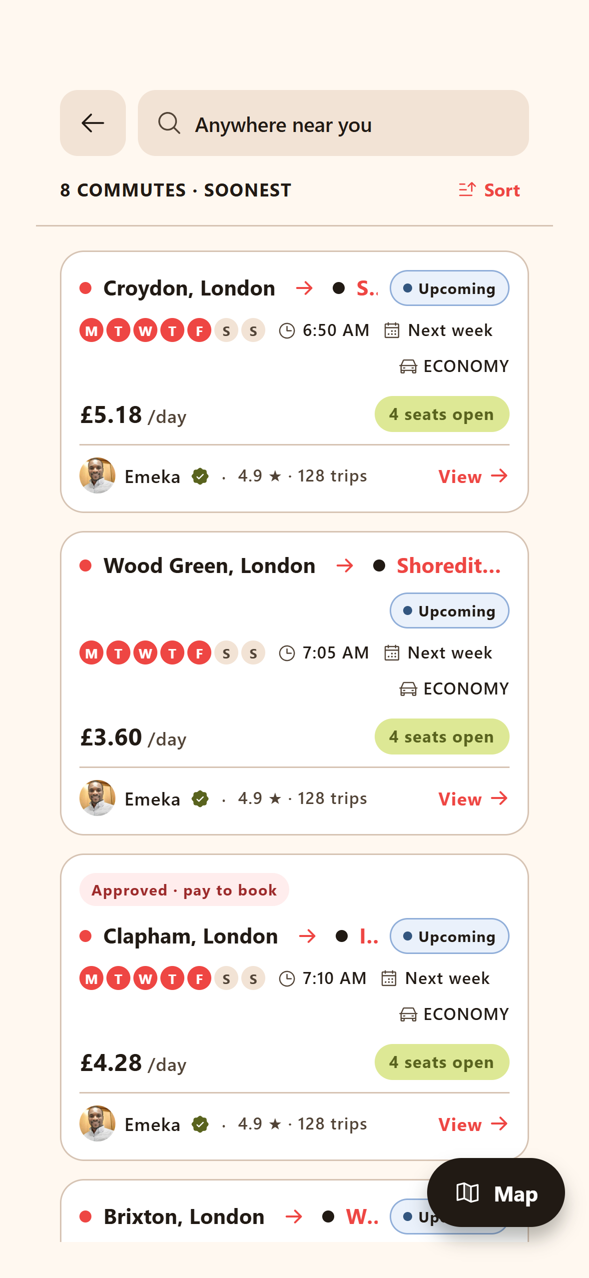 List of London commutes with per-day prices, weekday chips and verified car owners