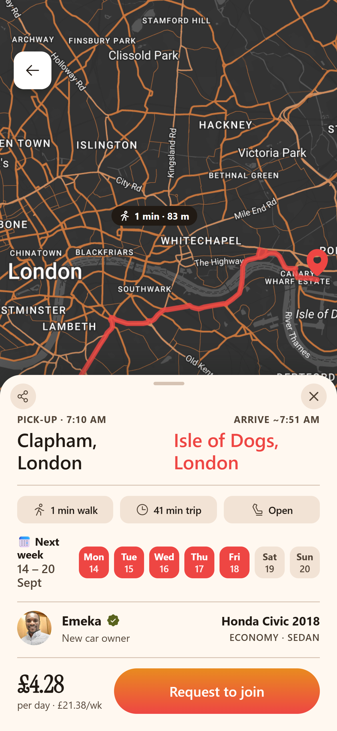 Trip detail showing the Clapham to Canary Wharf route on the map with the week's days and price
