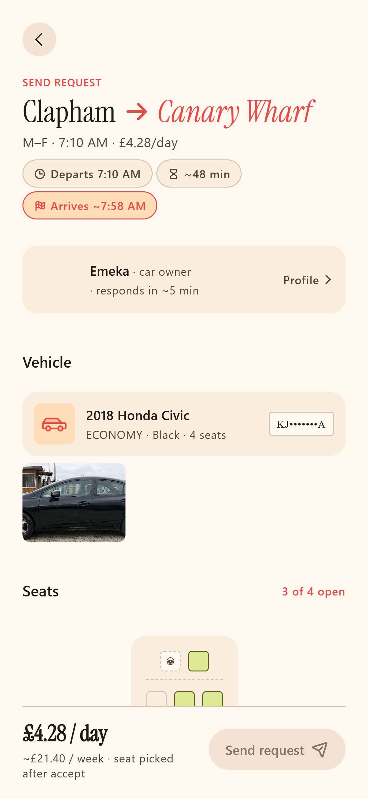 Send request screen for the Clapham to Canary Wharf trip with the car and seat map